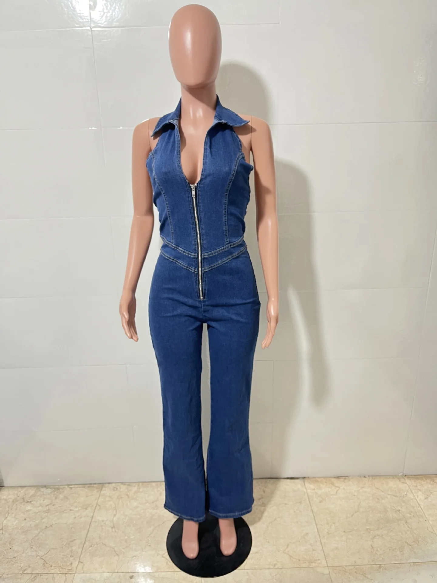 Mono de mujer de verano Sexy ajustado sin mangas sin espalda elástico Denim Halter mono Casual de cintura alta piernas anchas Jeans mameluco
