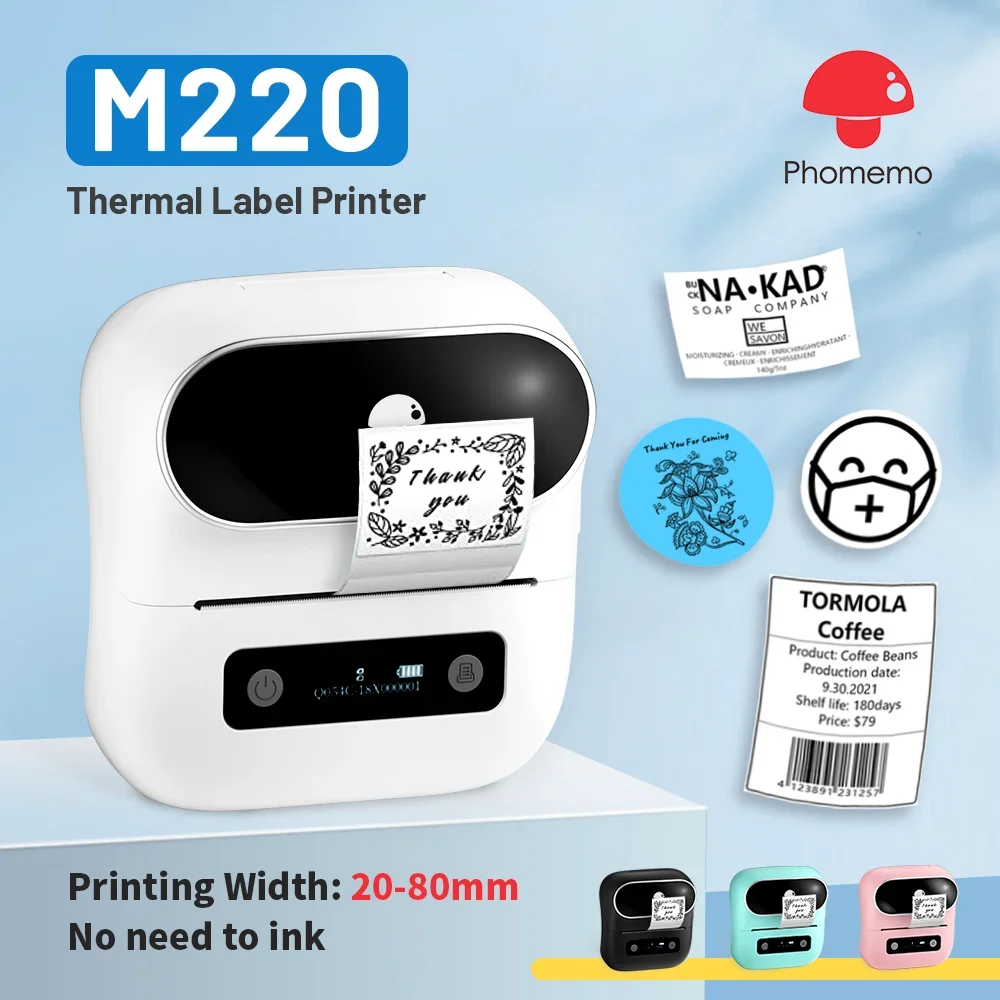 Phomemo M220 Label Printer 80mm Width Printing Sticker Printer Bluetooth Label Maker Machine Compatible with Phone PC Pad