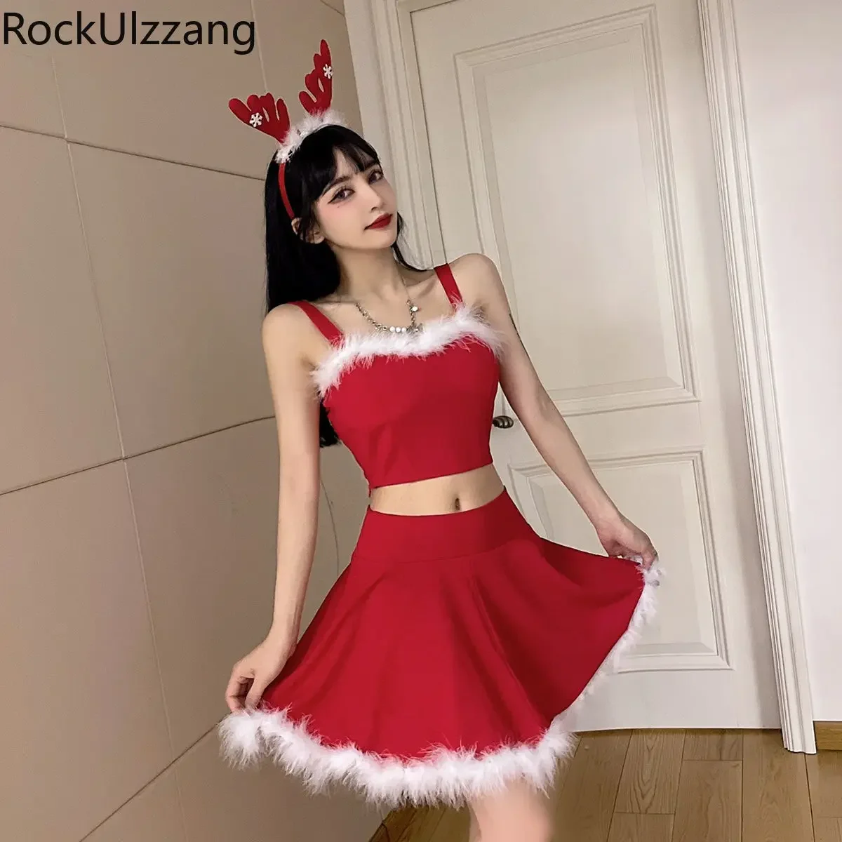 Setelan Rok Atasan Crop Set Dua Potong Rok Mini Bustier Potong Camis Tali Bulu Imitasi Cosplay Pesta Wanita Y2k Lucu Jepang