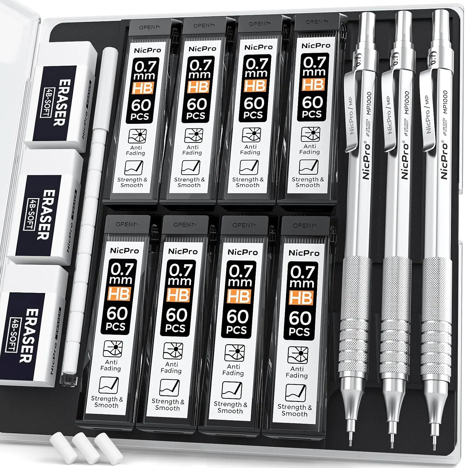 

0.7mm Metal Mechanical Pencil Set with Case - 3PCS Drafting Pencils, 480 Refills, Erasers for Art, Engineering, Sketching