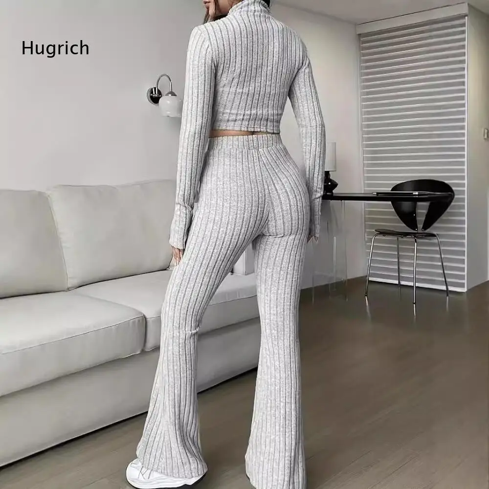 Casual Matching Two Piece Set For Women Rib Knit Half Zipper Long Sleeve Crop Top And High Rise Flare Trousers Outfit