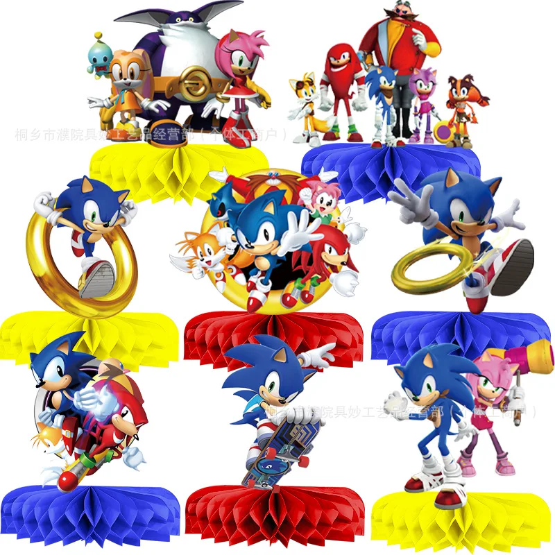 

8pcs/lot Sonic the Hedgehog Decorations Birthday Party Desktop Decorations Supply 3D Double-sided Honeycomb Tabletop Decoration