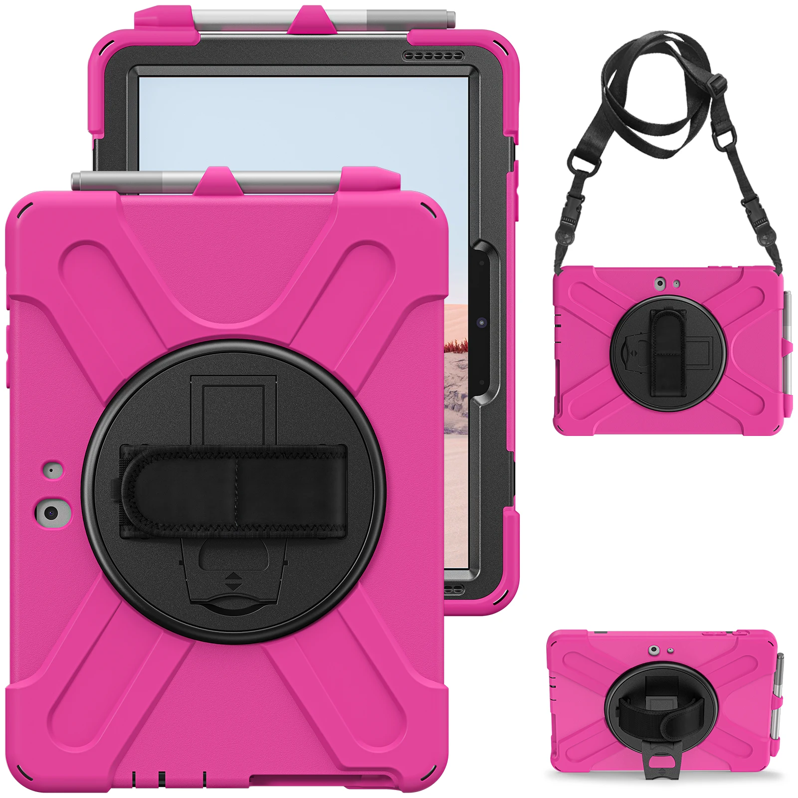 Rugged Case Universal For Microsoft Surface Go 1 2 3 4 Rotating Stand Cover Shockproof With Hand & Shoulder Strap Hybrid Shell