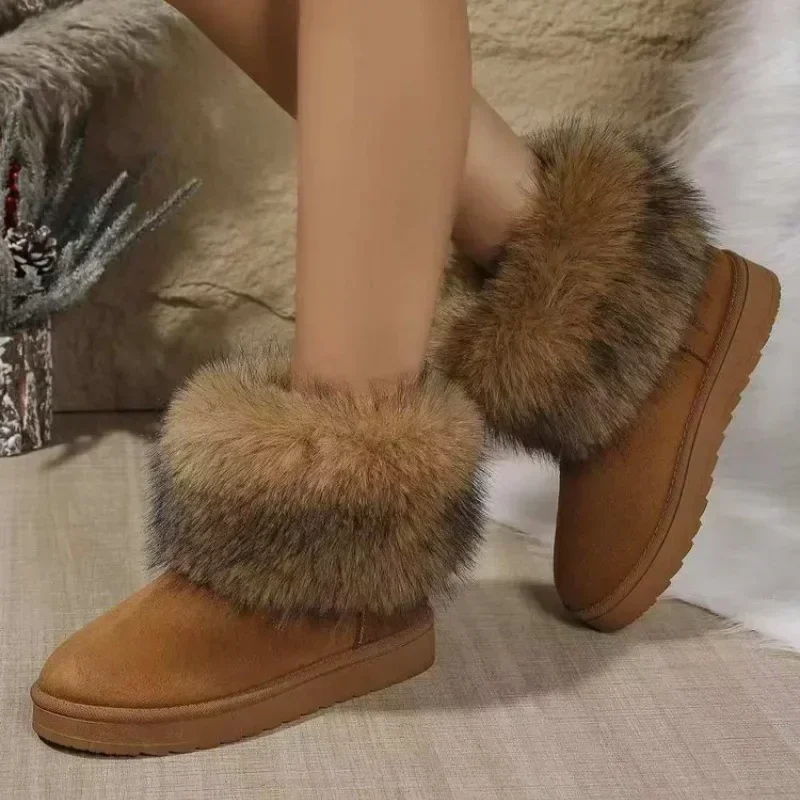 Botas de tornozelo de salto redondo para mulheres, sapatos de neve, pele, quente, estilo inverno, tamanho 36-42