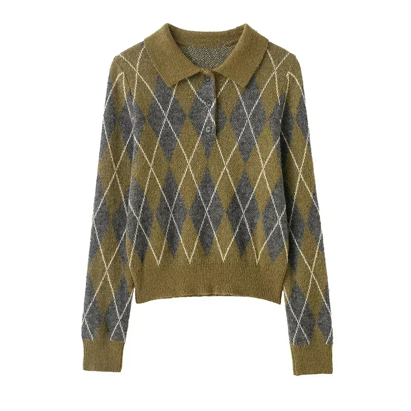 New Women's Short Knitted Sweater Autumn Winter Fashion Argyle Polo Collar Long Sleeves Pullover Vintage Female Chic Tops