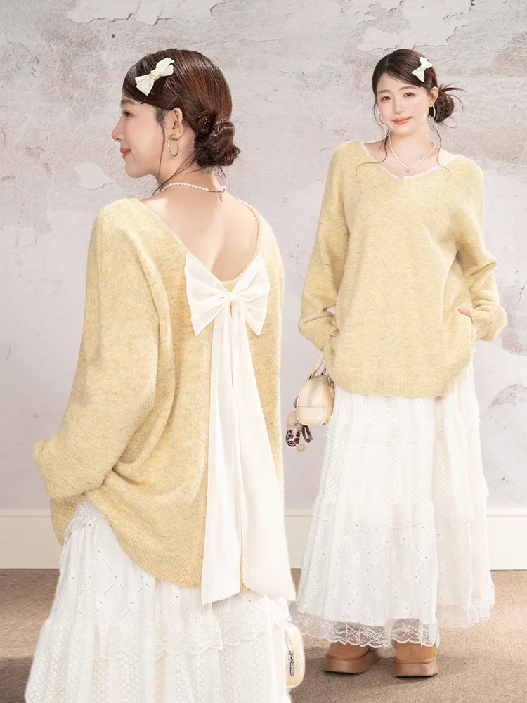 

Heynew plus Size Women's Yellow Lace Trim V-Ne Knot Sweater Winter Sweet Meat Covering Top Loose Fit Long Sve Crew Ne