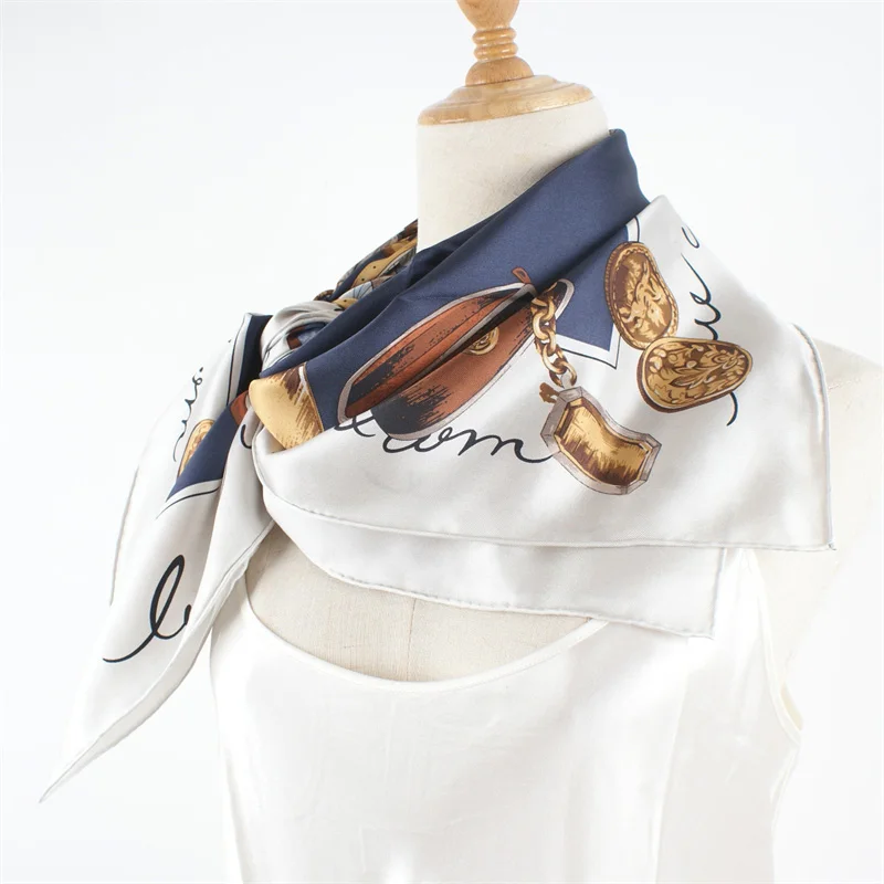 Large Square 100% Silk Scarf Shawl Navy Prints Womens Fashion Silk Foulard Neckerchief Necktie 88x88CM