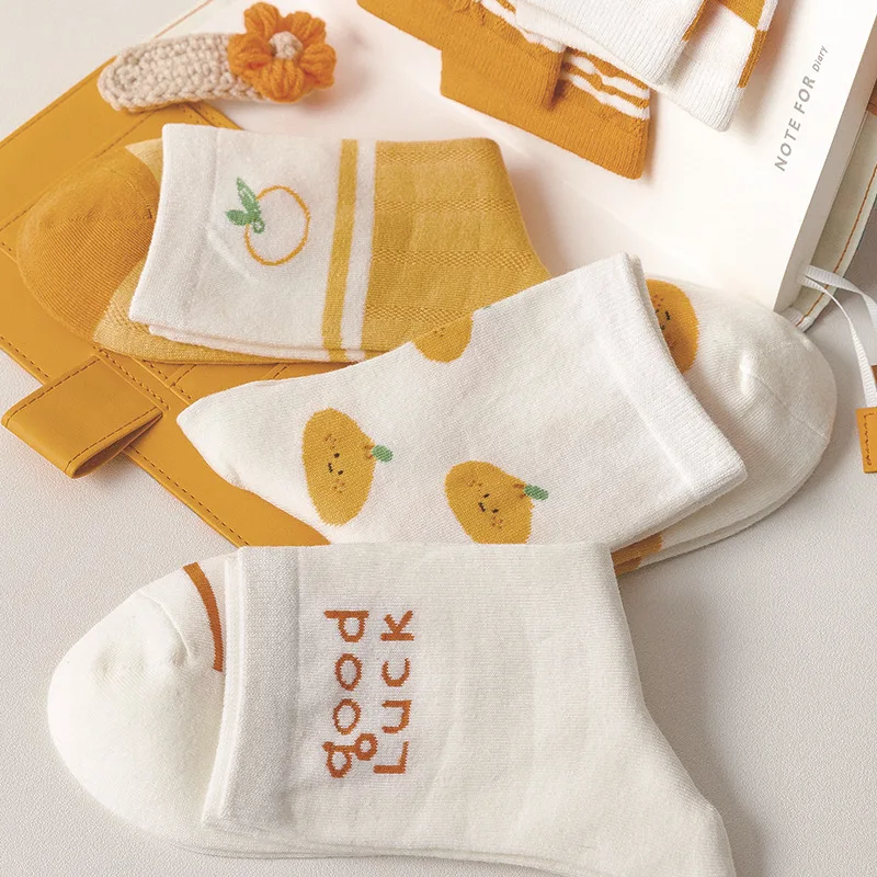 2023 Spring and Summer New Socks Women's Yellow Twisted Tube Socks Orange Checkerboard Socks Strawberry Kawaii