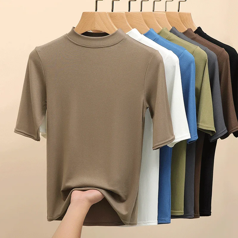 Summer Women's Slim Fit Base Layer Top Mid Sleeve T Shirt with Mini Stand Collar