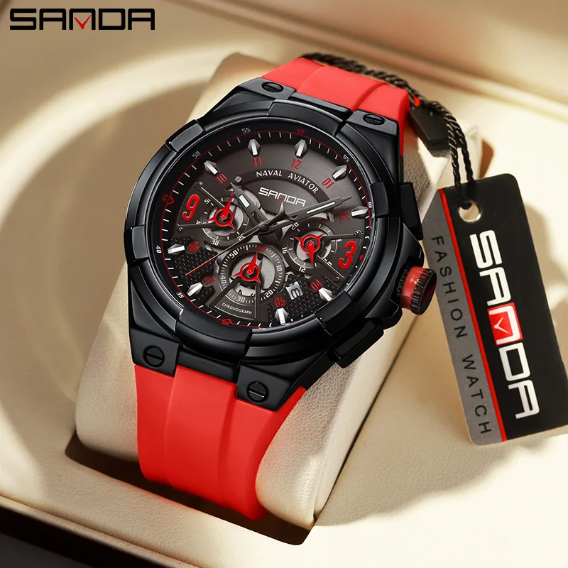 SANDA 5510 Men's Quartz Watch Hollow Cool Simple Unique Calendar Silicone Strap Wristwatch for Male