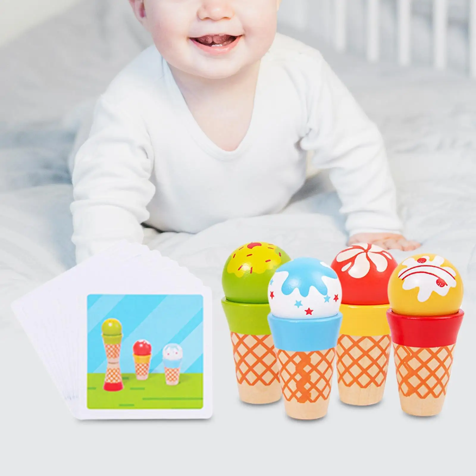 4 Pieces Wood Ice Cream Playset Education Food Toy Set for Boys Girls Kids