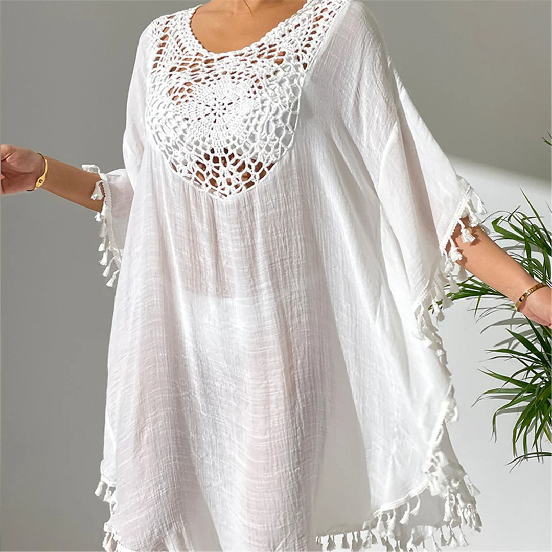 Neue Tunika mit Fransen, Quasten und Stickerei, halblange Ärmel, Strandkleid, langes Strandkleid, Strandmode, Damen, V5328 – Detail 12