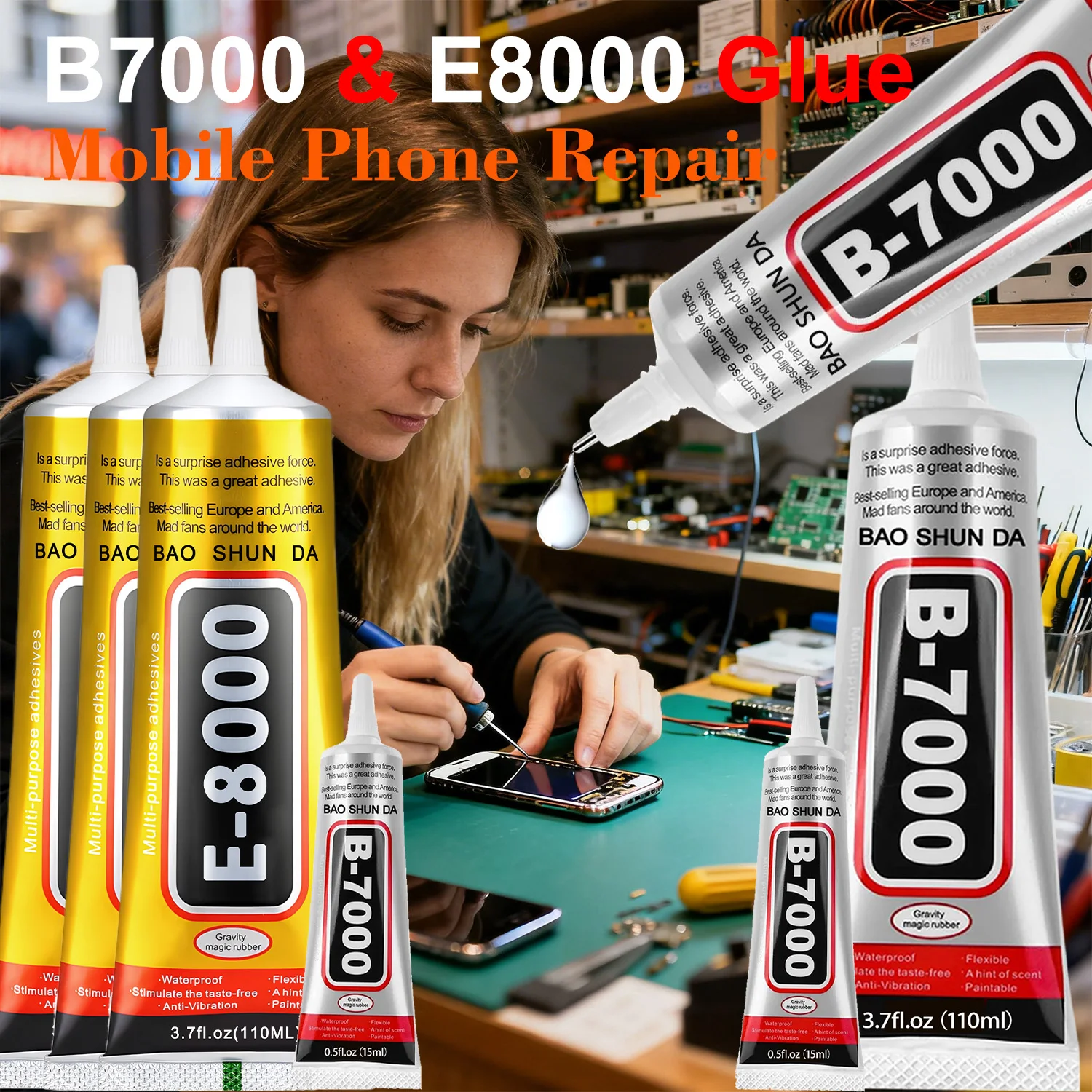 B7000/E8000 Newly Upgraded Mobile Phone Jewelry Adhesive - 15/110ml Waterproof Transparent Repair Adhesive