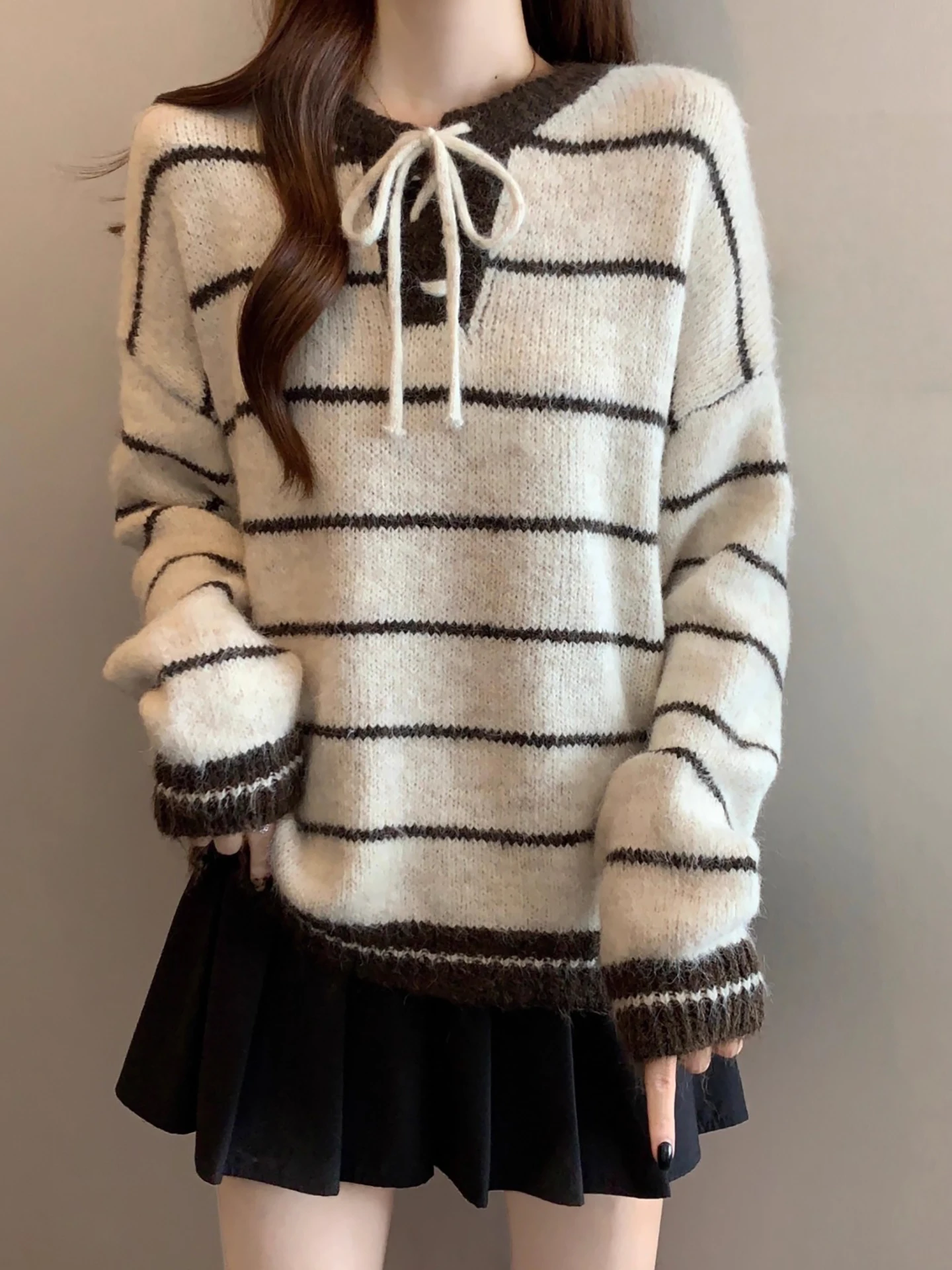 

Women's Knitted Wool Blend Sweater with Belt Open Collar Overhead Striped High-End Feeling Autumn Winter Long Sve Top