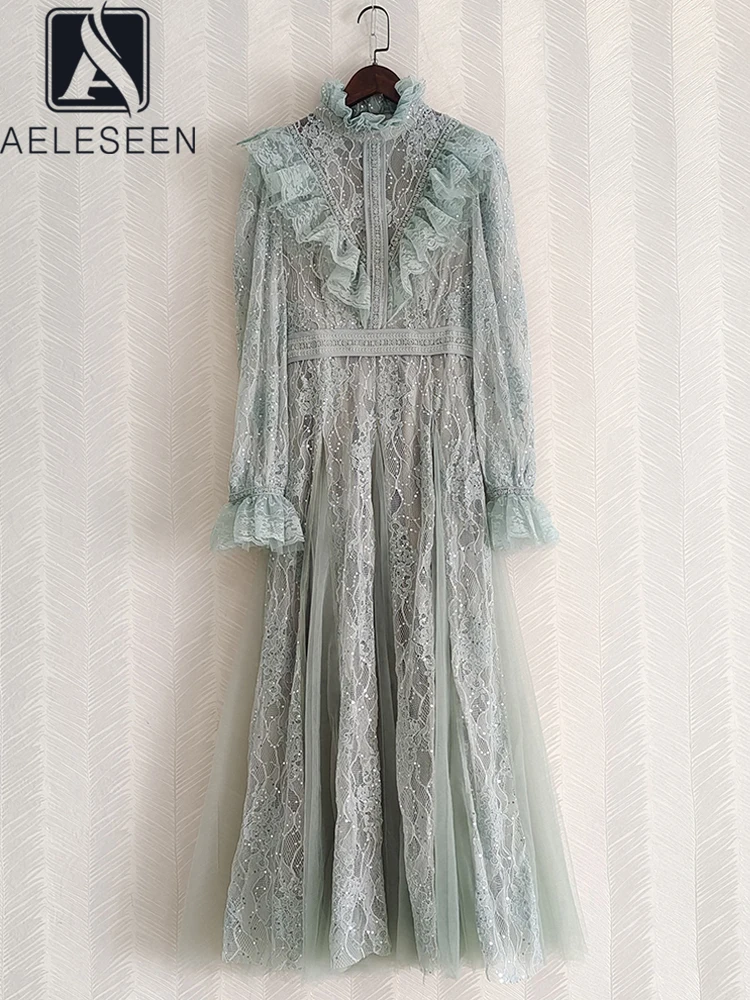 

AELESEEN Runway Fashion Women Dress Spring Summer Luxury Mesh Ruffles Bow Lace Sequined Elegant Maxi Long Party Vacation