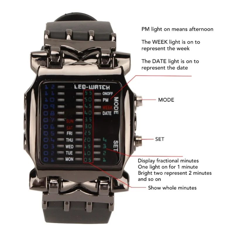 Binary Watch Crab Shape Binary Colorful LED Digital Display Silicone Strap Electronic Watch For Boys Mens