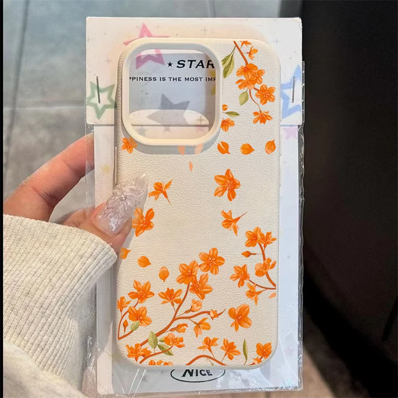 

Pop Orange Blossom Pattern Phone Case For IPhone 16 15 14 13 12 11 Pro Max XR XS X 16E 7 8 Plus 11 13 Pro SE Shockproof Funda C
