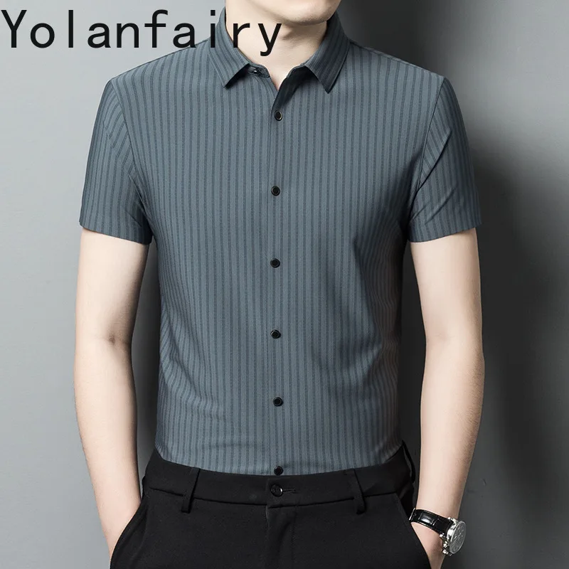 YOLANFAIRY 5% Mulberry Silk Mens Shirts Summer Shirt Mens Shirts Short Sleeves Men Clothing Fashion Tops Chemise Ete 2024 Homme