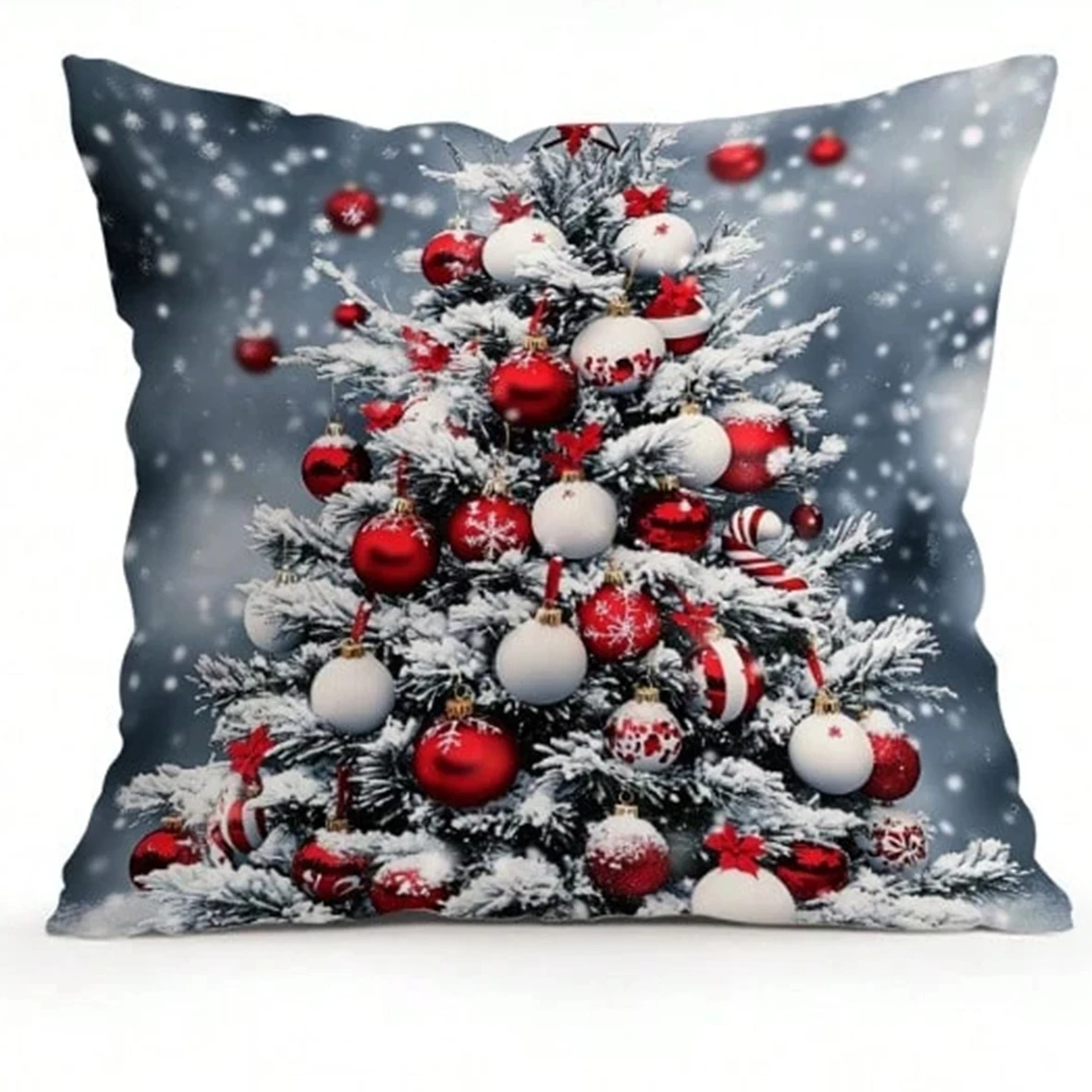 Juego de fundas de almohada con temática navideña, adorno rojo plateado y patrón festivo de árbol, acento elegante para el hogar