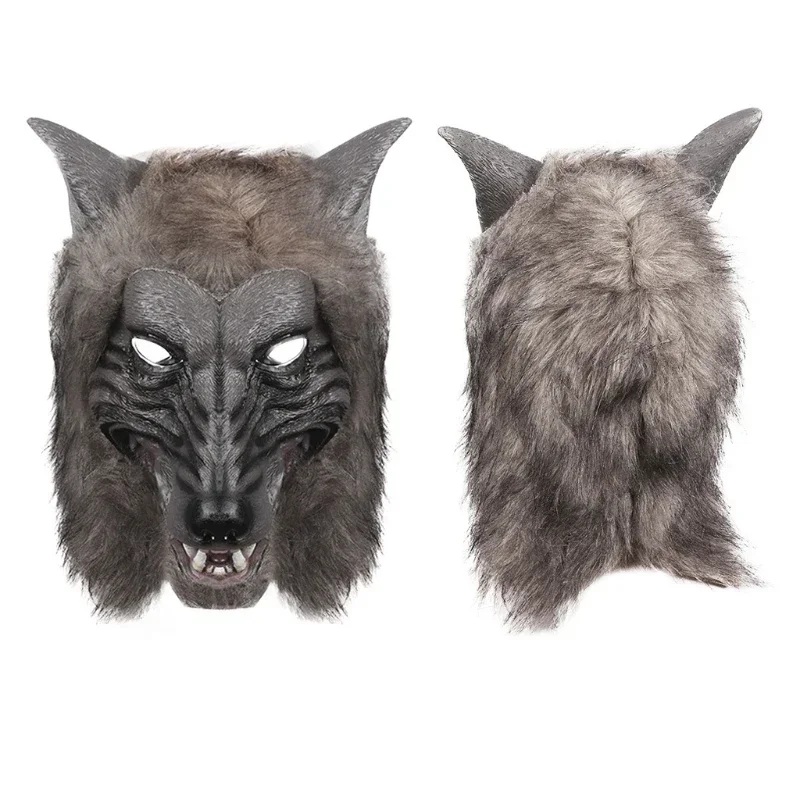 Gorro para adultos, máscara aterradora para fiesta de disfraces de Halloween, Animal realista, Lobo, Cosplay, tocado con piel y dientes