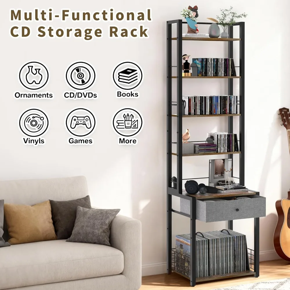 6-Tier CD DVD Storage Rack with Drawer, Adjustable Media Organizer Shelf for Vinyl Records & Books, Home Office Living Room