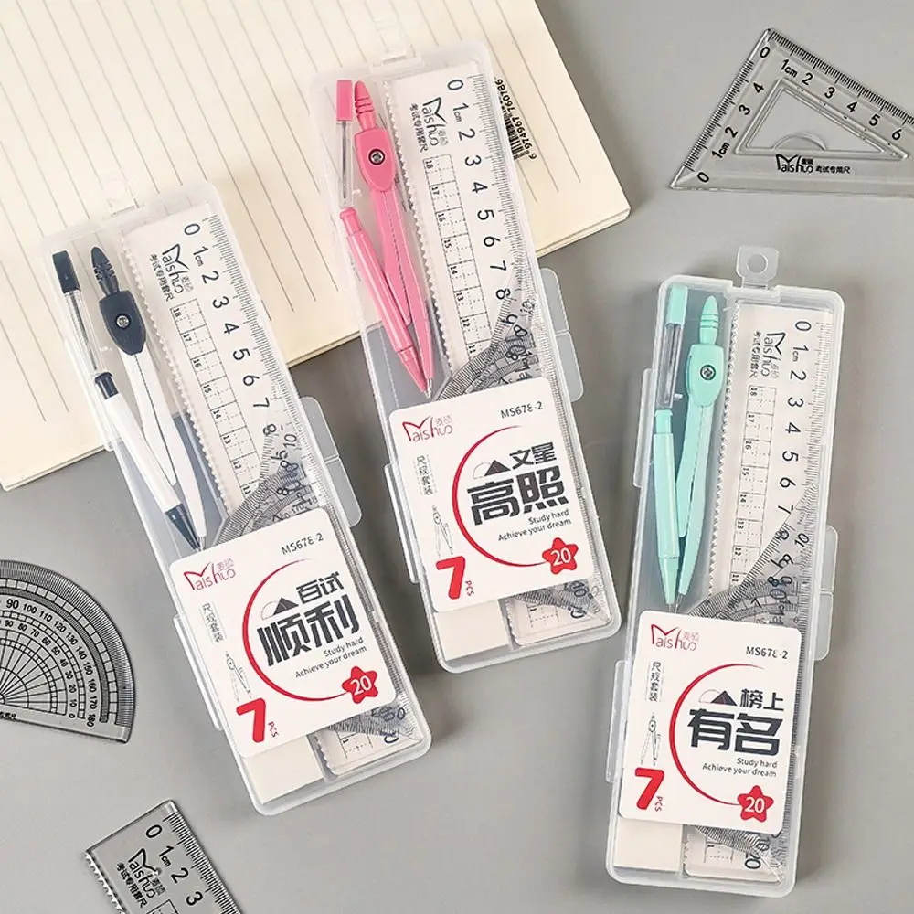 7PCS/Set Plastic Ruler Compasses Set Transparent Eraser Protractor Set Square Straight Ruler Drawing Tool Students