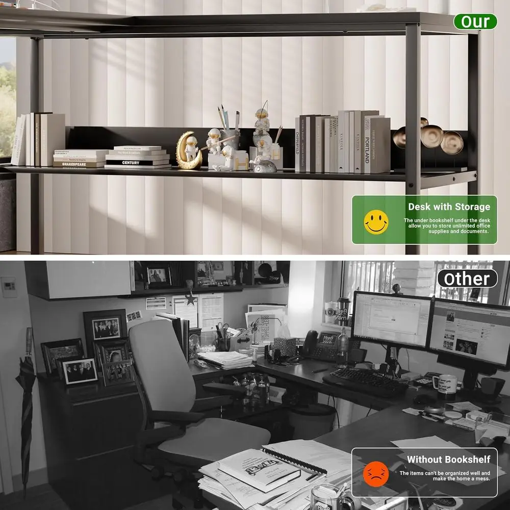 مكتب على شكل حرف L قابل للعكس مع منافذ طاقة سحرية ومنافذ USB، مكتب مكتب منزلي قوي للألعاب مع أرفف تخزين، سهل التركيب