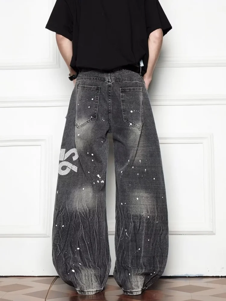 2025 사이버 Y2K 스트릿웨어 잉크 레터 프린트 배기 뉴 진 팬츠 남성 의류 하라주쿠 와이드 레그 빈티지 그레이 롱 트라우저