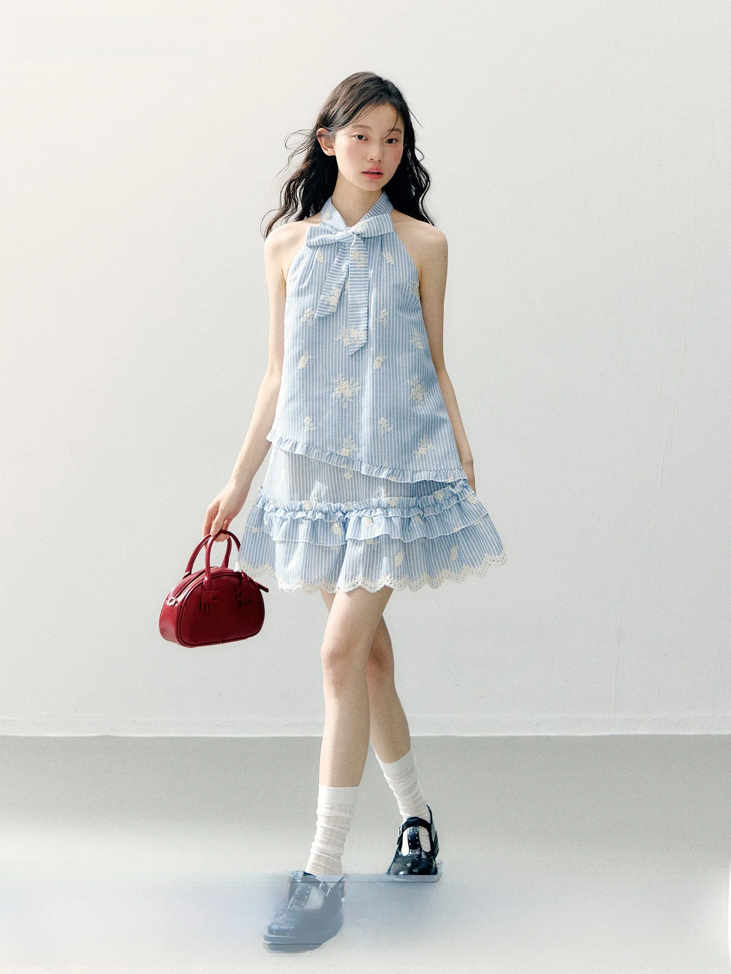 

Original Annatto Knot Short Skirt Dress Blue White Stripes Neck Hanging Baked Cake Style Loose Fit Casual Summer Dress