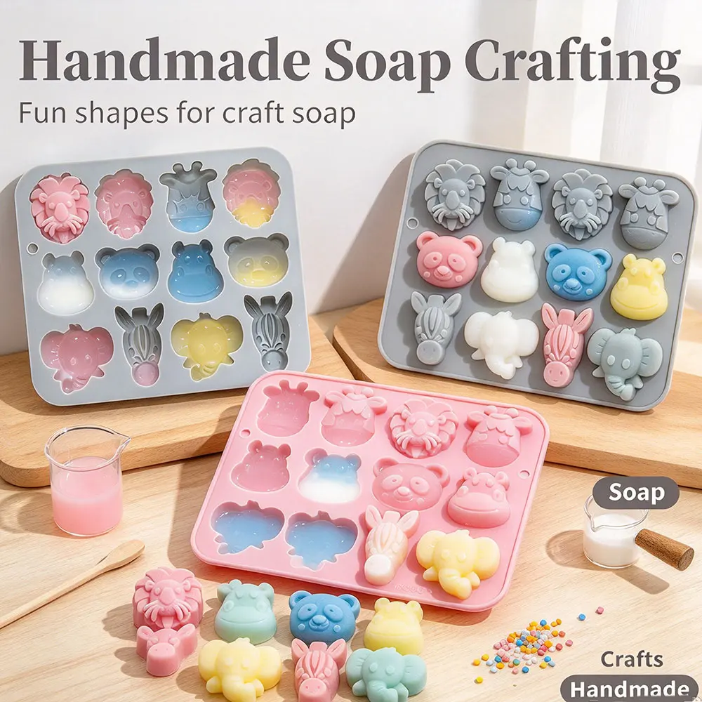 Zoo Animal Silicone Mold,Food Grade Non-Stick Baking Molds Lion Panda Elephant Hippo Zebra Chocolate Jello Cake Ice Cube Trays