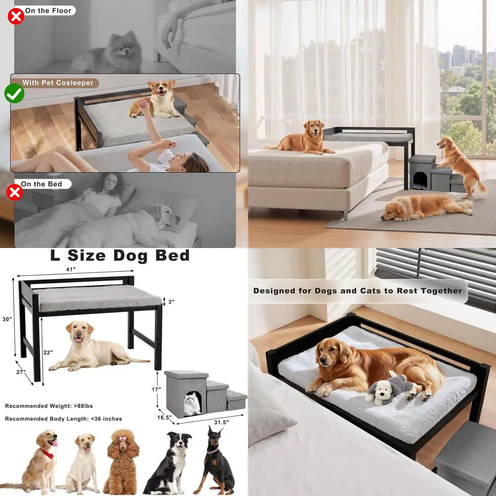 

Приподнятая деревянная лежанка для собак с ограждением, съемным матрасом и 3-ступенчатой лестницей для крупных собак