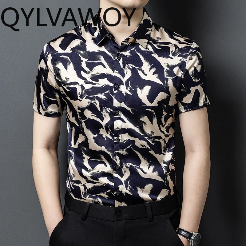 QYLVAWOY Premium Floral Men's Shirts 100% Real Mulberry Silk Shirts Short Sleeve Summer Tops Hawaiian Shirt  Loose Man Clothing