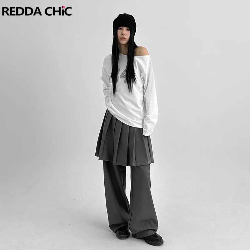 

REDDACHiC Skirt Layering Gray Pants Vintage Low Waist Fake Two-piece Cleanfit Pleated Suit Trousers Acubi Fashion Woman Clothes