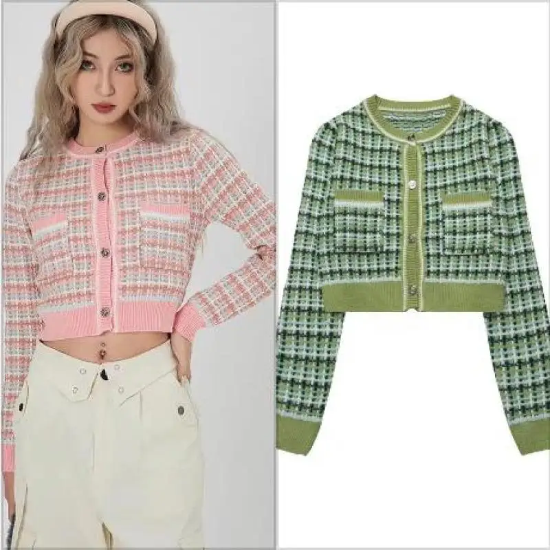 

Plaid Short Cardigan Women Spring Autumn Casual Slim Long Sleeve Sweater