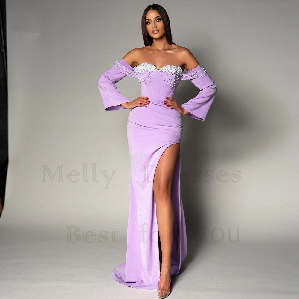 

Purple Off Shoulder Evening Dresses for Women Side Slit Prom Gowns with Beading 2024 New Stretch Satin Robe De Soirée Summer