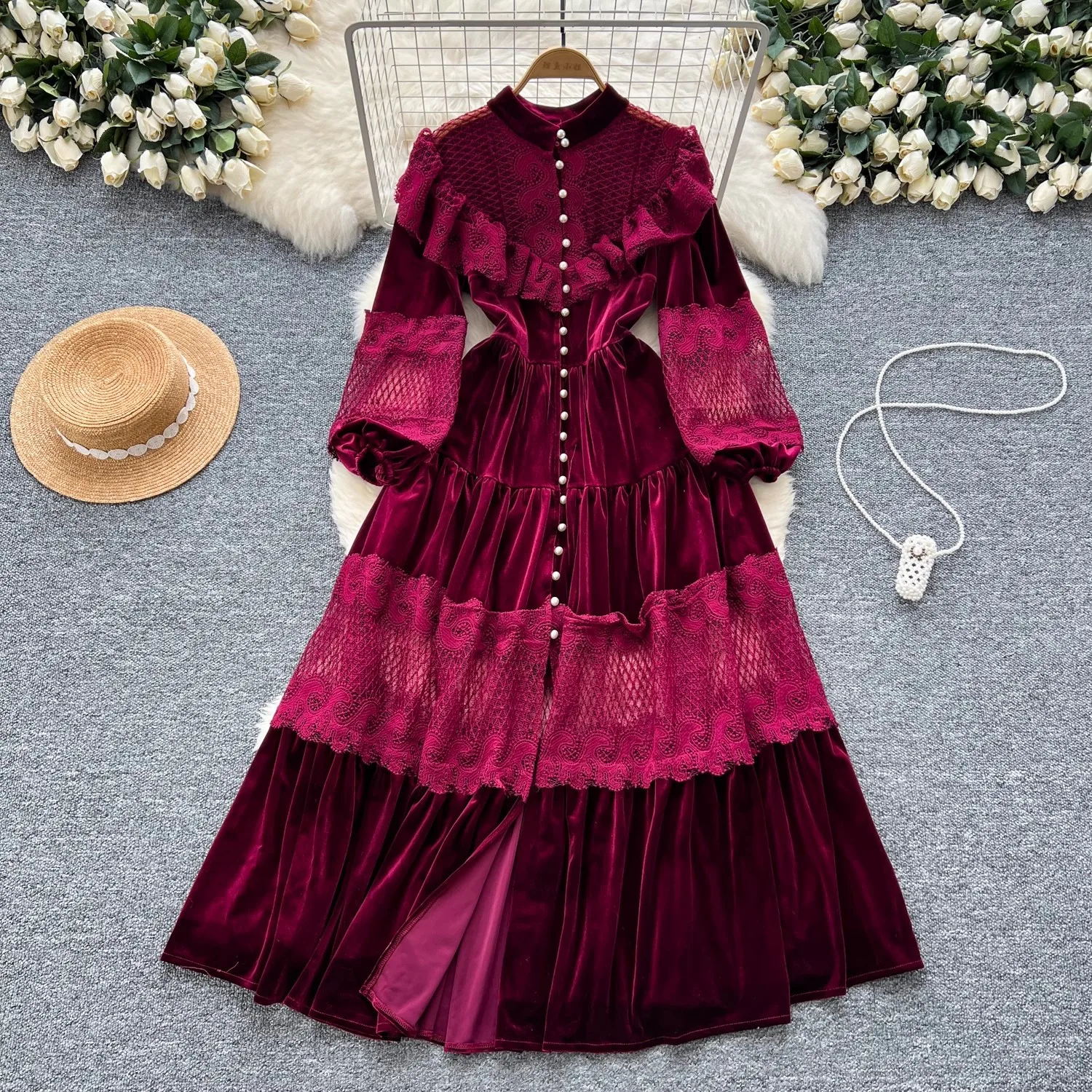 

French Vintage Lace Embroidery Patchwork Velvet Lantern Sleeve Maxi Dress Pearls Buttons Belt Lace Up Wedding Party Prom Vestido