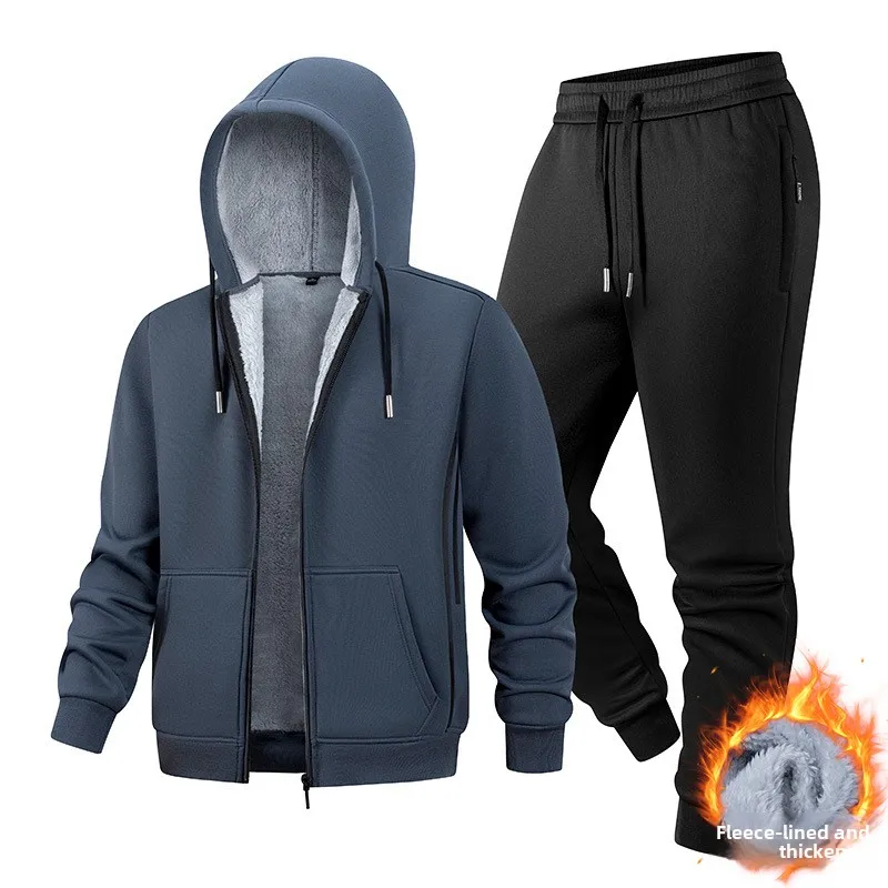 

2025Autumn and Winter New Thickened Fleece Two-Piece Set Hooded Cardigan Lamb Wool Sweatshirt Men's Casual Sports Suit