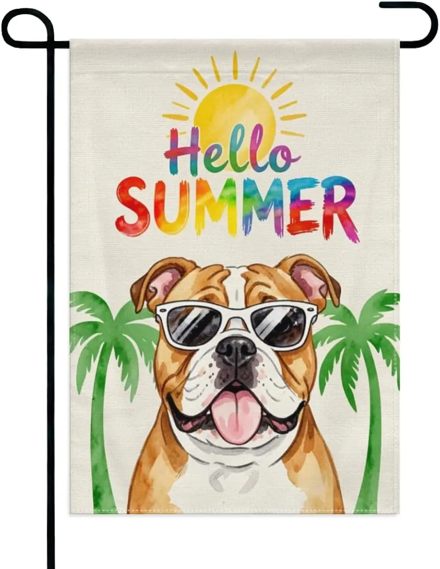 Bulldog Hello Summer Garden Flag 12x18 Inch Double Sided – Cool Dog with Sunglasses & Palm Trees Outdoor Yard Decoration yyi