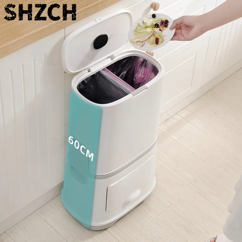 ‌Japanese Dual-Compartment Trash Can - Press-Button Lid, Large Capacity for Kitchen/Bathroom, Touchless Waste Bin