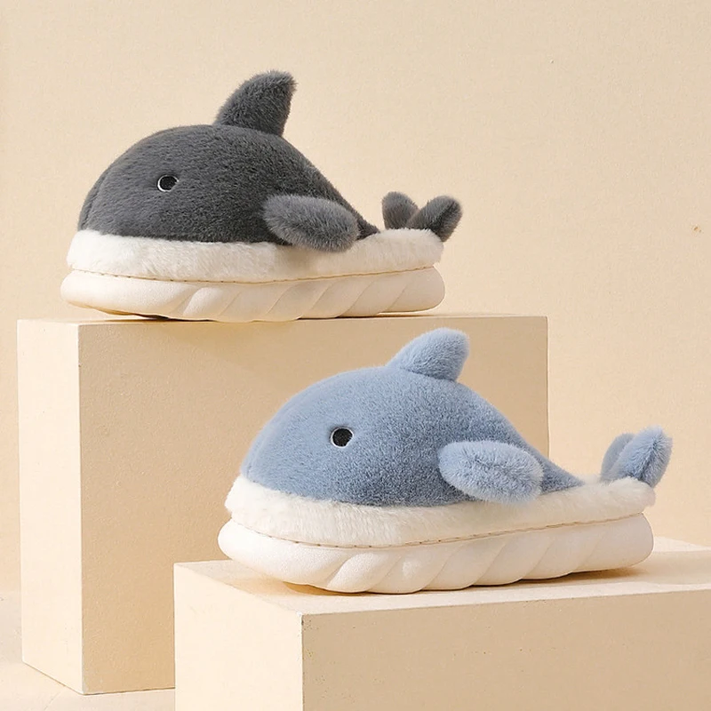 Fuzzy Home Shark Slipper Women Winter Warm Cartoon Funny Fur Plush Non Slip Indoor Lazy Female Lovely House Room Shoe Men Male