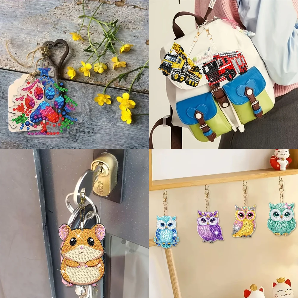 6 pezzi/set portachiavi pittura diamante fai da te - modello camion dei pompieri, decorazione fai da te, kit di diamanti forniture artigianali, pittura a mosaico fatta a mano