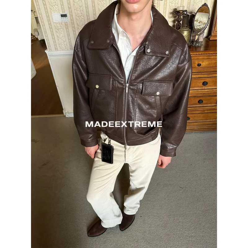 

Куртка из искусственной кожи с текстурой личи EME, повседневная куртка в американском стиле ретро с отложным воротником, осень-зима, куртка в стиле Old Money