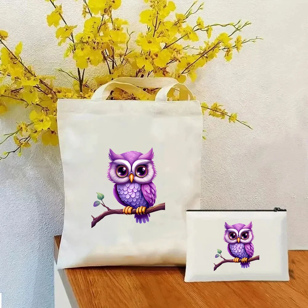 Purple Owl Branch Print Canvas Tote Bag with Makeup Pouch Set Women Reusable Shopping Handbag for Daily Cute Gift Summer Beach