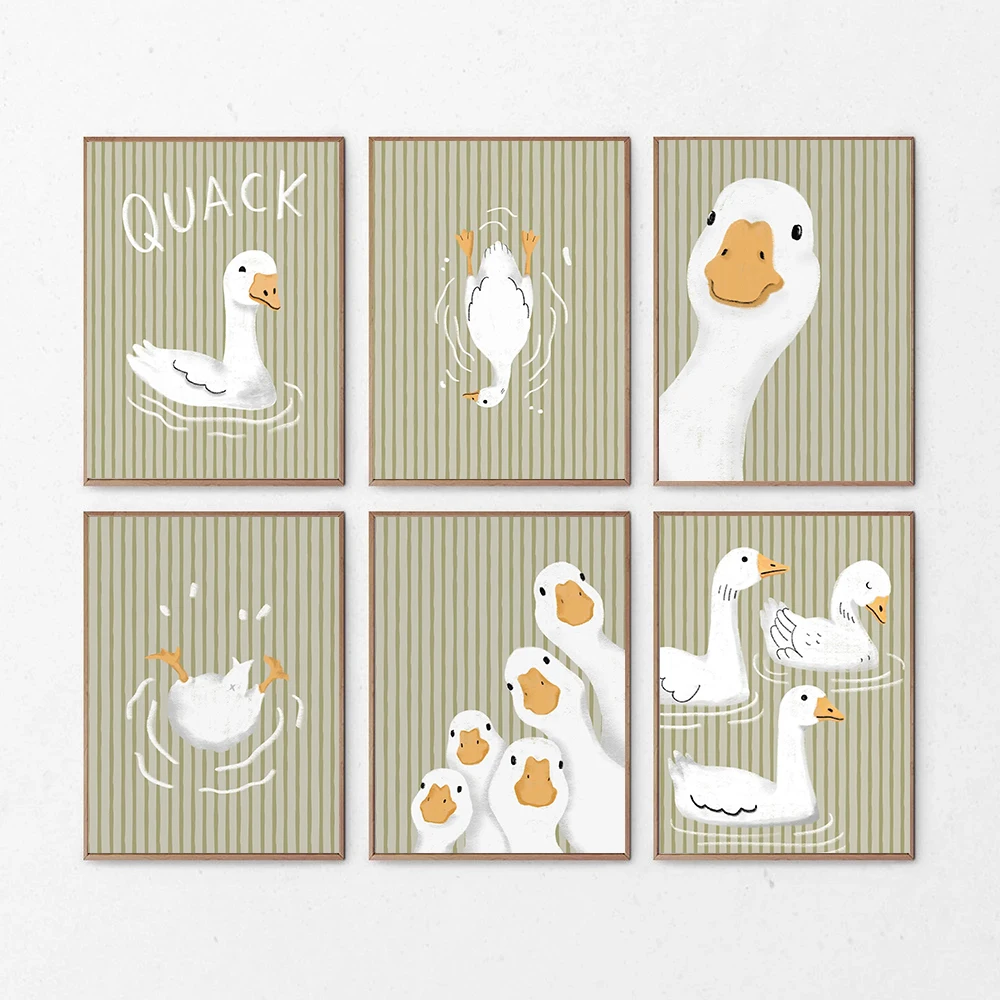 Modern Cute Green Duck Striped Goose Cartoon Art Poster Canvas Printing Children's Bedroom Wall ation Painting Frameless
