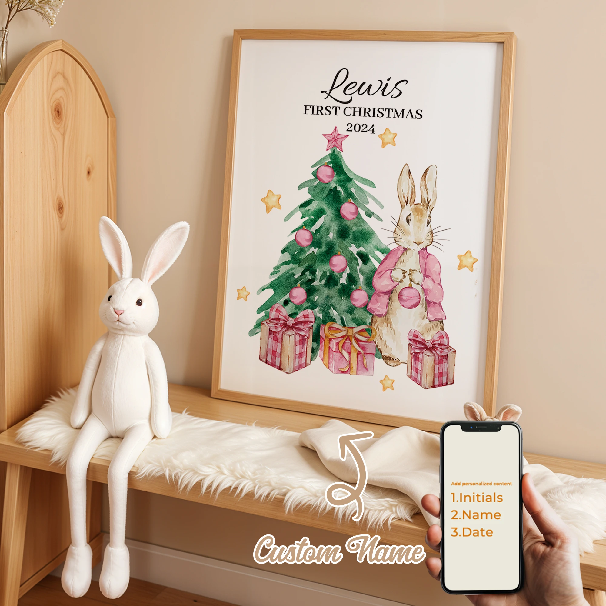 

Personalized Custom Name Cartoon Pink Rabbit Wall Art Print Picture Canvas Poster Painting For Living Room Kids Room Home Decor