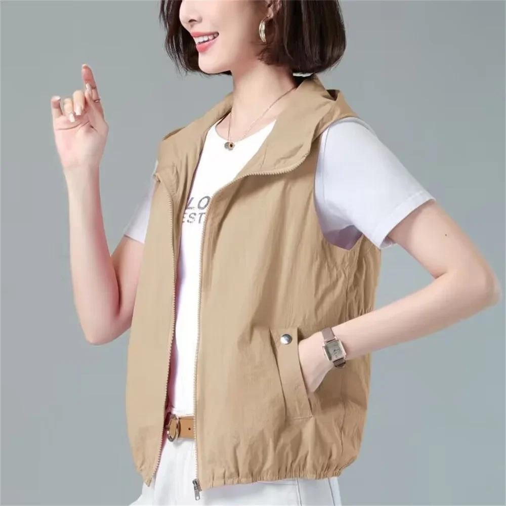 여성용 후드 자외선 차단 조끼, 용수철 여름 캐주얼 민소매 얇은 조끼 재킷, 짧은 숙녀 탑 아우터, 2024 신상