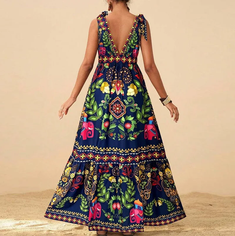 Women Fashion Print Loose Holiday Beach Dress Spring Double V Neck Backless Long Dress Summer Tie-up Sling Boho Maxi Dress Mujer