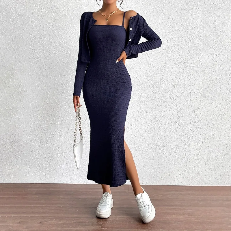 

Women's Elegant Skirts Set Autumn & Winter Temperament Commuting Long Sleeve Top Split Dress Two Piece Suit Outfits for Women