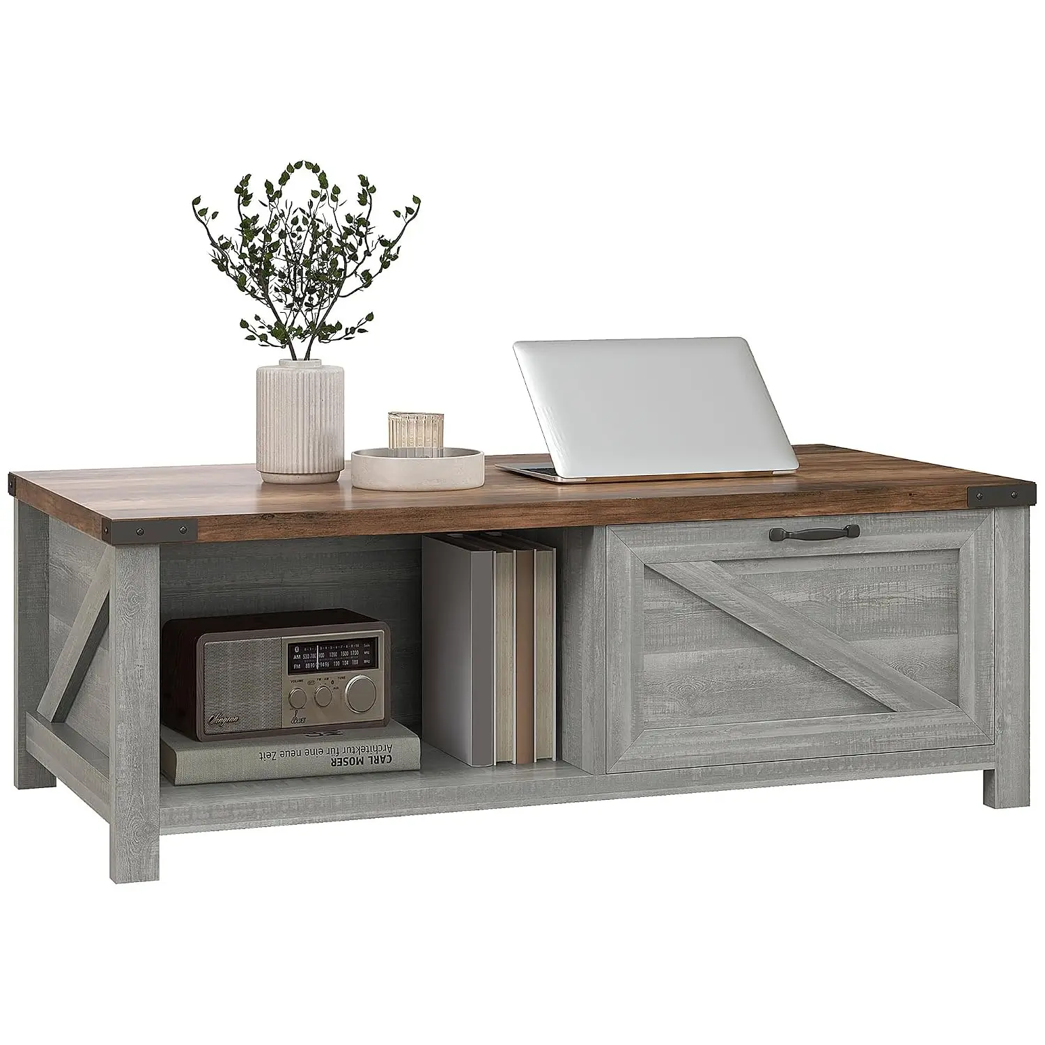 Farmhouse Coffee Table Storage Drawer Distressed Gray, Customized