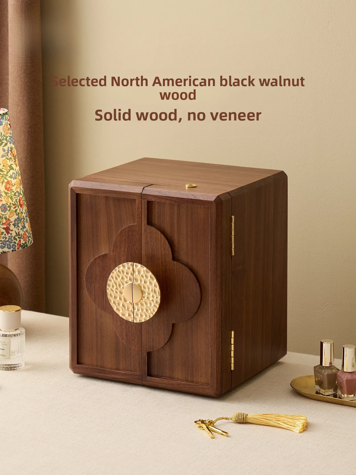 

Fanhuan North America Black Walnut Jewelry Box with Lock Marriage Gift High End Pure Wood Gold Jewelry Storage Box